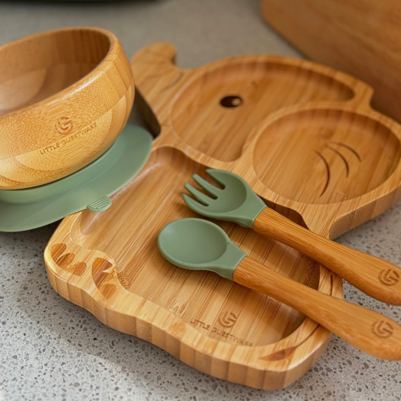 Elephant Bamboo Feeding Set - Plate, Bowl, Spoon & Fork Gift Set