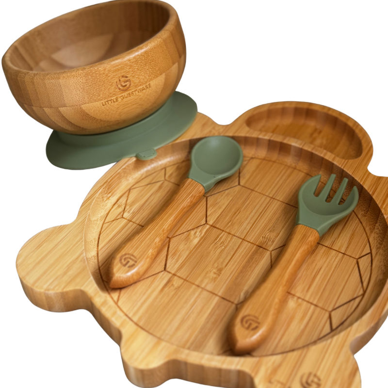 Turtle Bamboo Feeding Set - Plate, Bowl, Spoon & Fork Gift Set