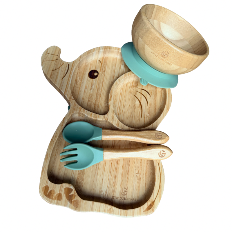 Elephant Bamboo Feeding Set - Plate, Bowl, Spoon & Fork Gift Set