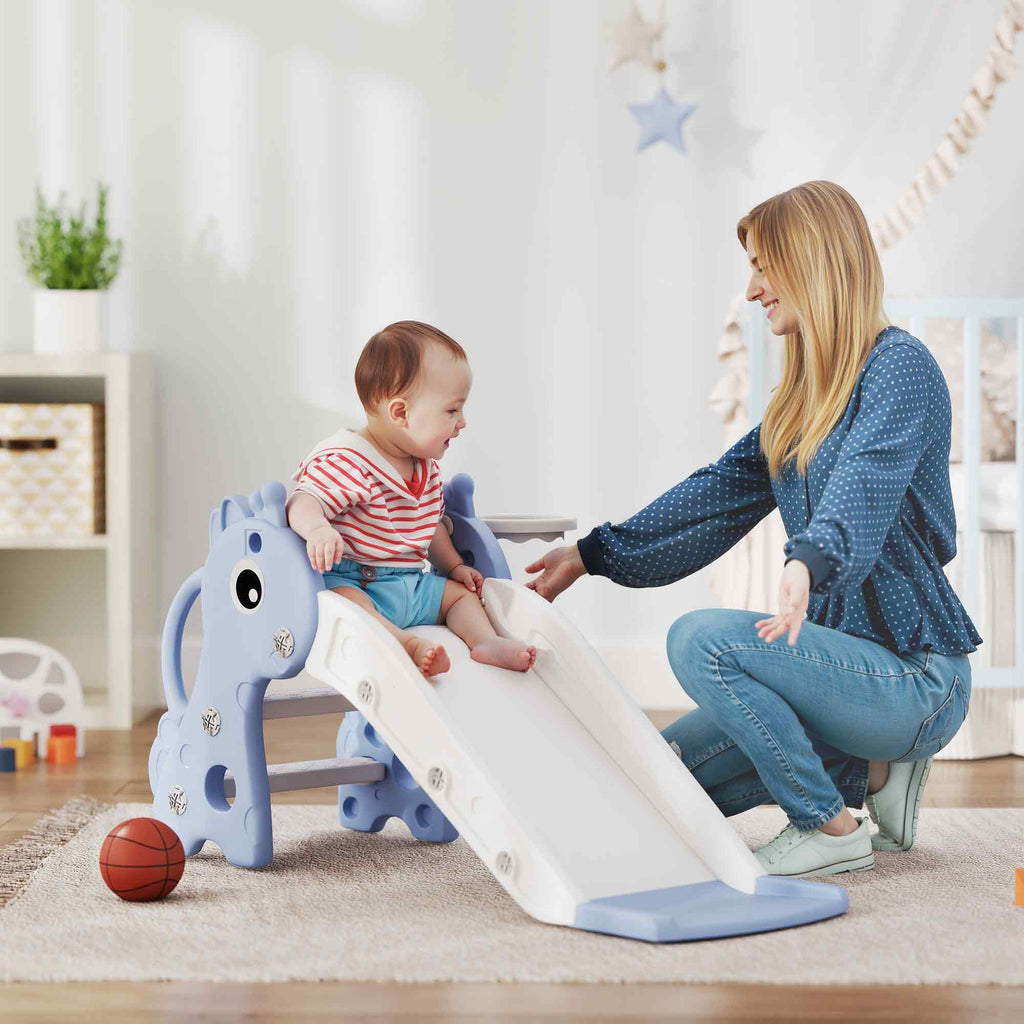AIYAPLAY 3 in 1 Kids Slide with Climber, Basketball Hoop and Ball, Giraffe Shape Climber Slide for Indoor Kids Age 1-3, Blue