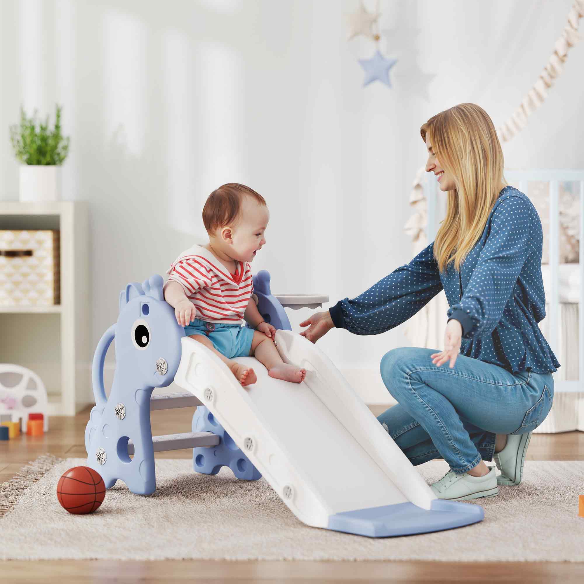 AIYAPLAY 3 in 1 Kids Slide with Climber, Basketball Hoop and Ball, Giraffe Shape Climber Slide for Indoor Kids Age 1-3, Blue