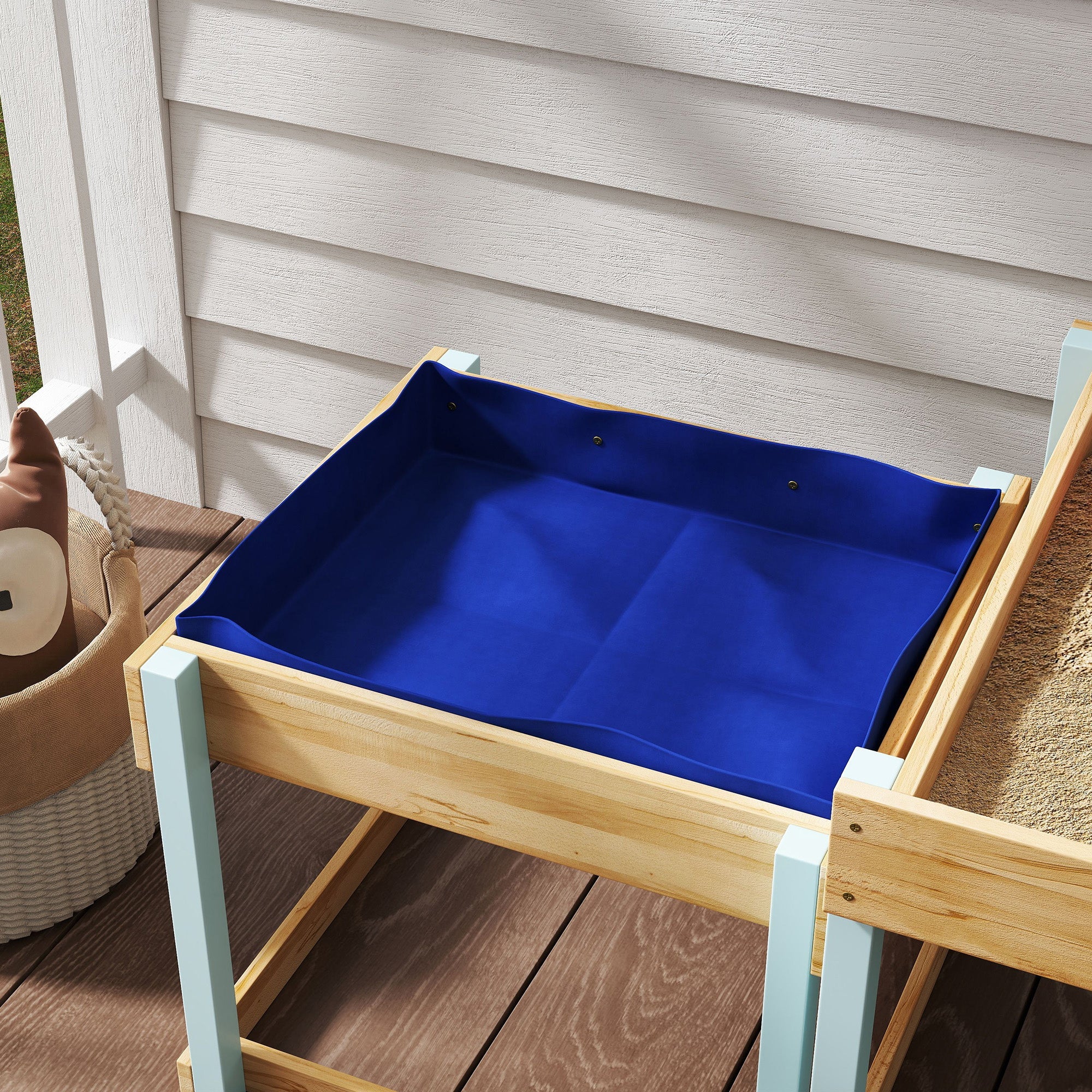 AIYAPLAY 2 PCS Wooden Outdoor Sand and Water Play Tables with Bottom Liner for Kids Aged 3-8 Years Old, Natural Wood Finish