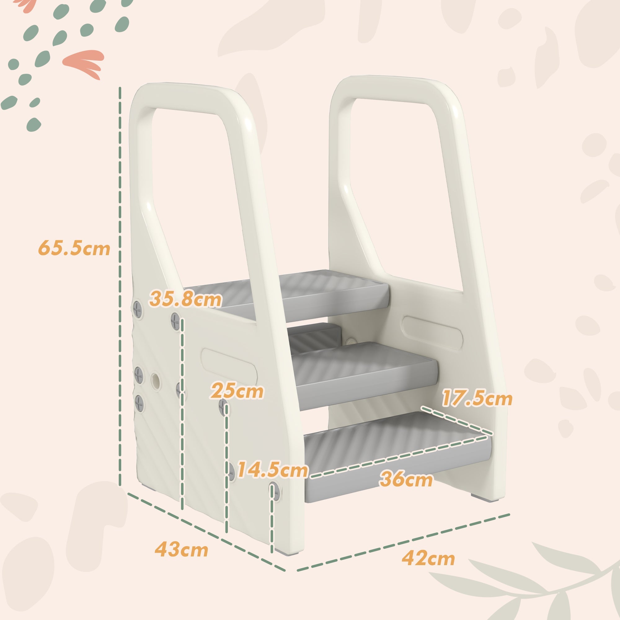 AIYAPLAY Adjustable 3 Step Toddler Tower with Handles, Non-slip Surface and Foot Pads, Grey