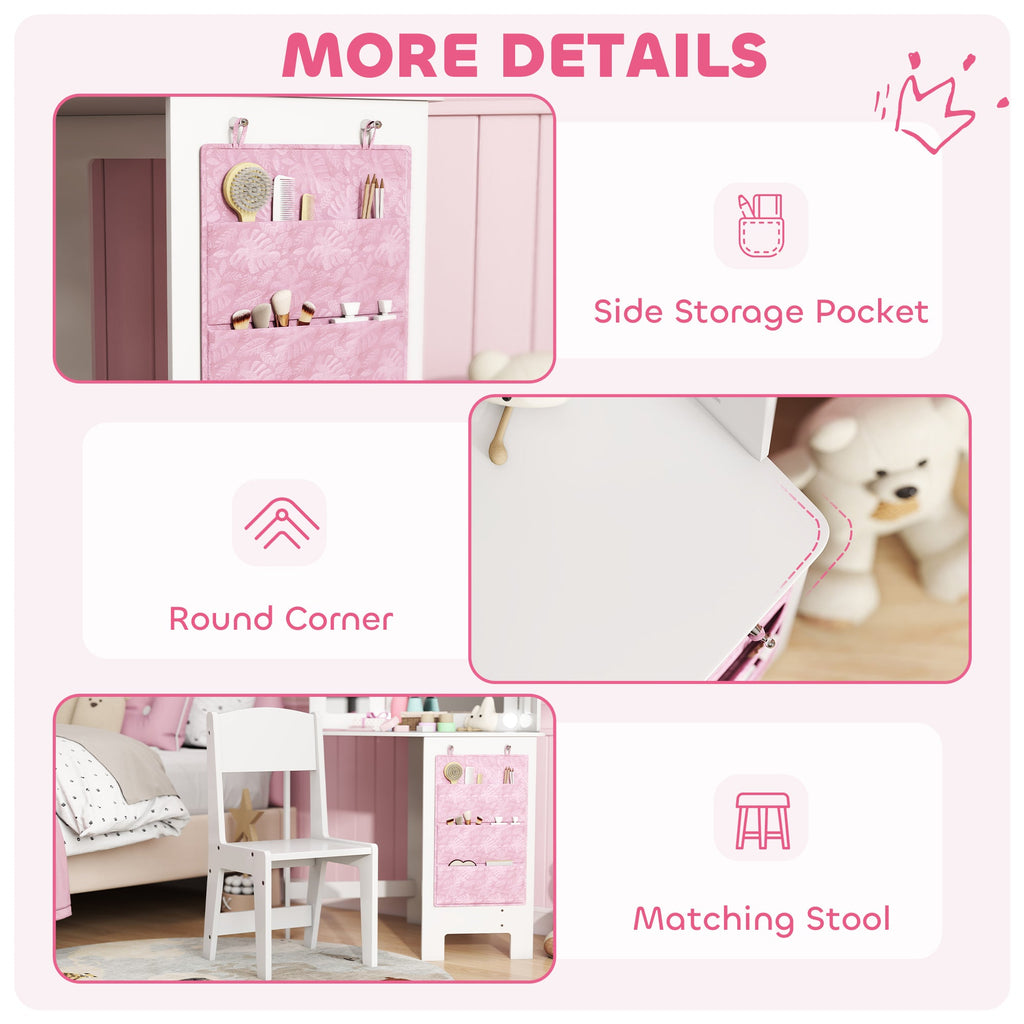 AIYAPLAY Kids Dressing Table and Stool Set, Girls Vanity Table with 2-Colour LED Lights, Tri-Folding Mirror, White