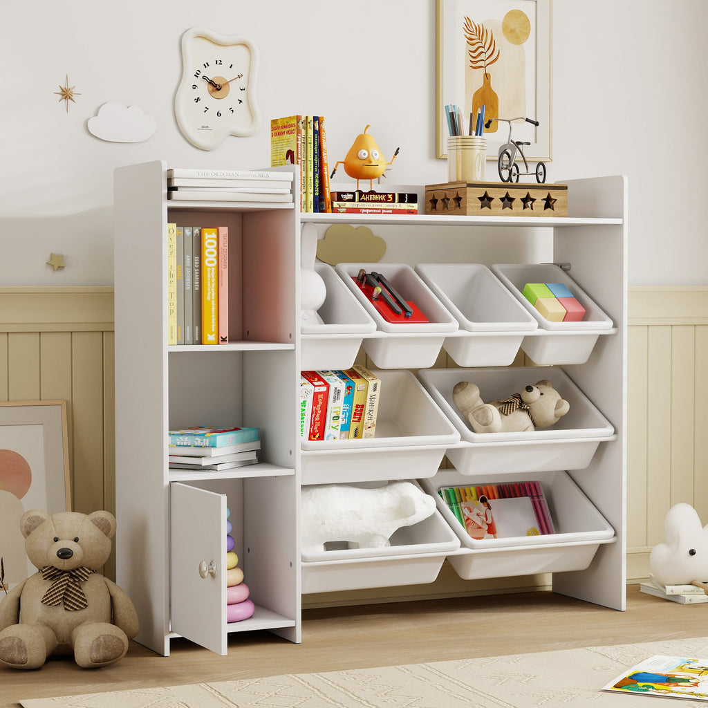 AIYAPLAY Toy Storage Unit with 8 Removable Bins, Storage Shelves, Cabinet, White