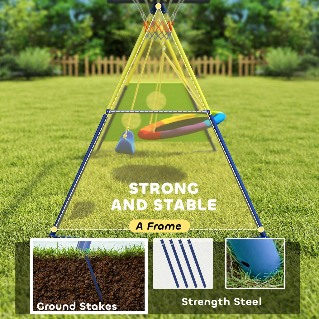 AIYAPLAY 4-in-1 Kids Swing Set with Saucer Swing, Basketball Hoop and Football Goal, Outdoor Playground Playset for Garden