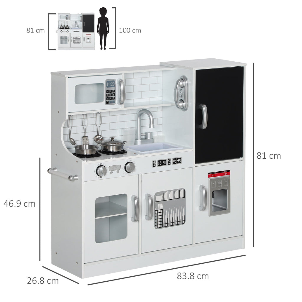AIYAPLAY Pretend Play Kitchen, Kids Kitchen Playset, with Toy Phone, Chalkboard, Microwave, Cooking Stove, Sink, White