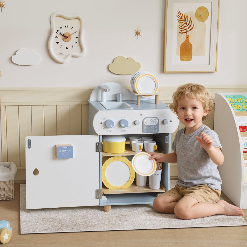 AIYAPLAY Wooden Dishwasher Playset, Kitchen Sink Toys with Faucet, Sink and Accessories, Gift for Boys Girls Toddlers