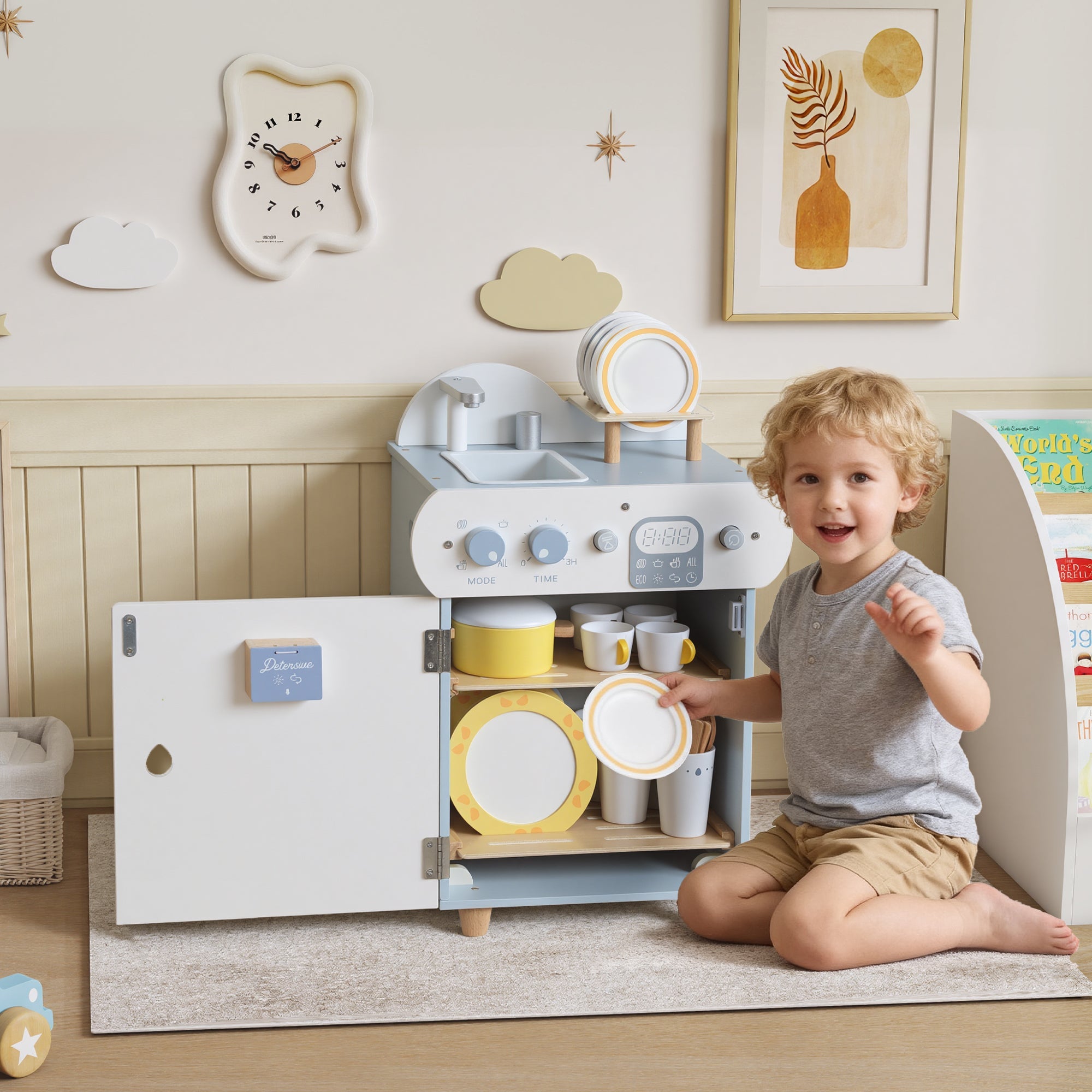 AIYAPLAY Wooden Dishwasher Playset, Kitchen Sink Toys with Faucet, Sink and Accessories, Gift for Boys Girls Toddlers