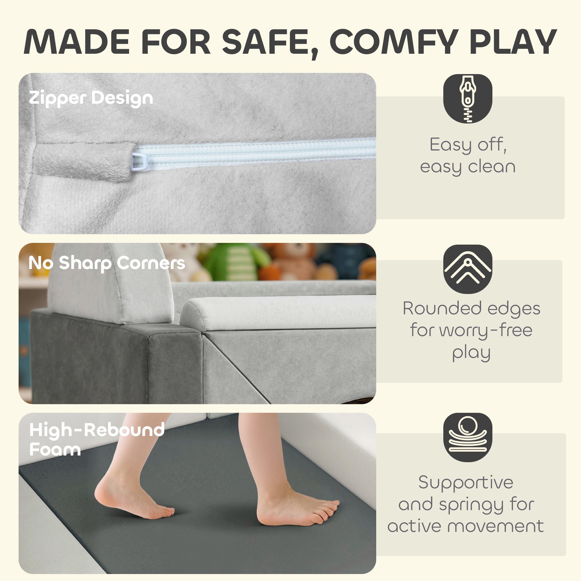 AIYAPLAY Kids Play Sofa, 12 Pieces Foam Modular Soft Play Set for Playroom, Children Convertible Sofa for Boys and Girls, Grey