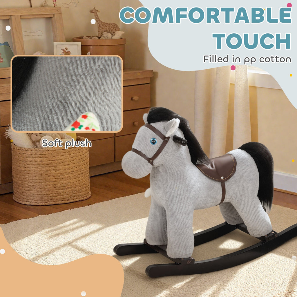 AIYAPLAY Baby Rocking Horse, Plush Ride on Toy with Handle Grip, Sound and Doll, Toddler Animal Rocker for Kids Aged 2-5, Grey