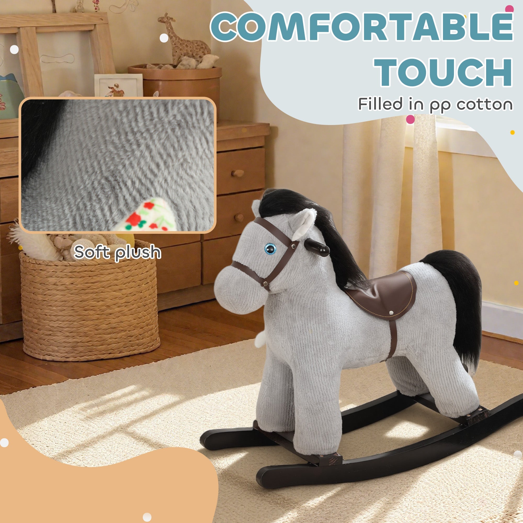 AIYAPLAY Baby Rocking Horse, Plush Ride on Toy with Handle Grip, Sound and Doll, Toddler Animal Rocker for Kids Aged 2-5, Grey