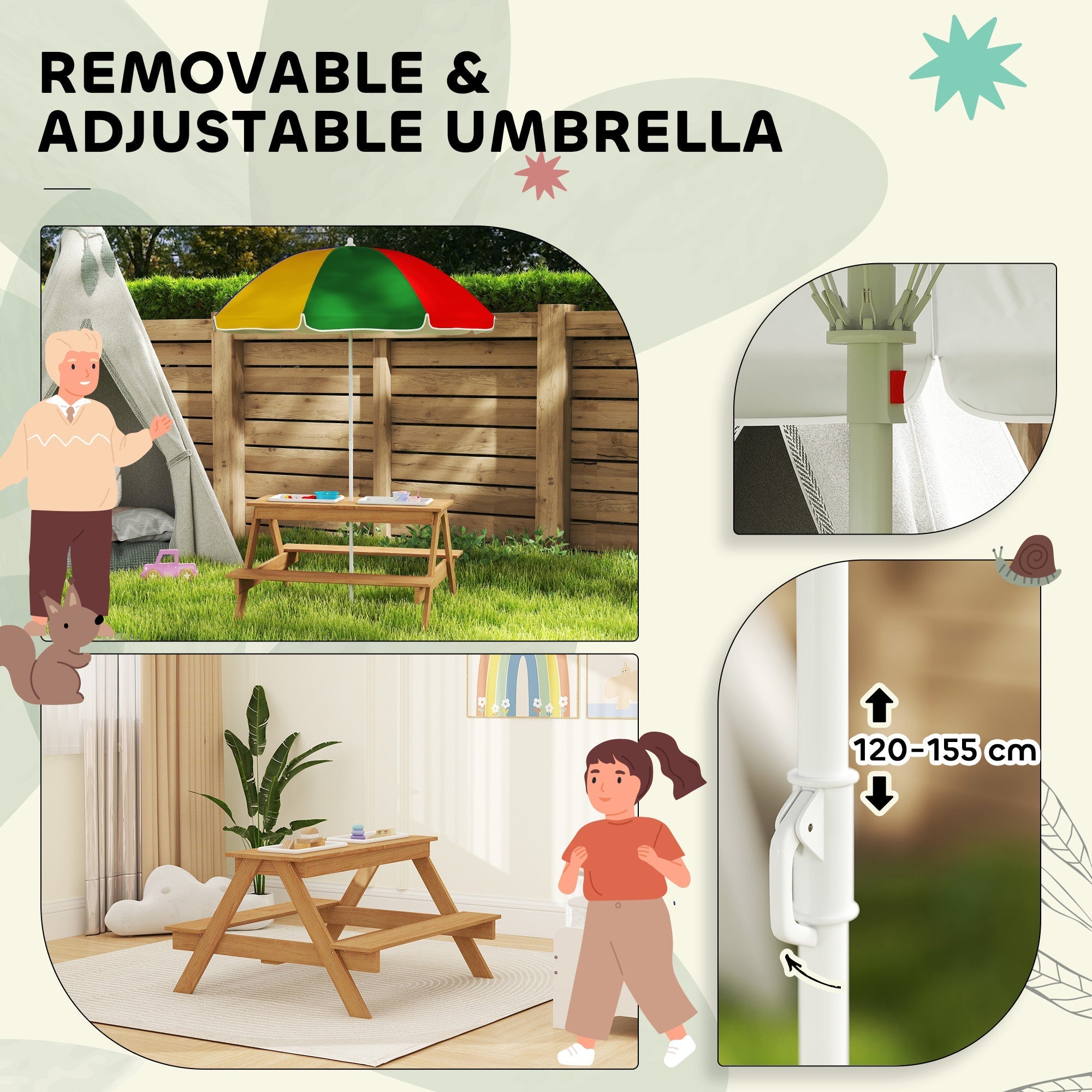 AIYAPLAY Kids Picnic Table, Sand and Water Table with Wooden Benches, Adjustable Parasol and Storage Bins, Multicolour