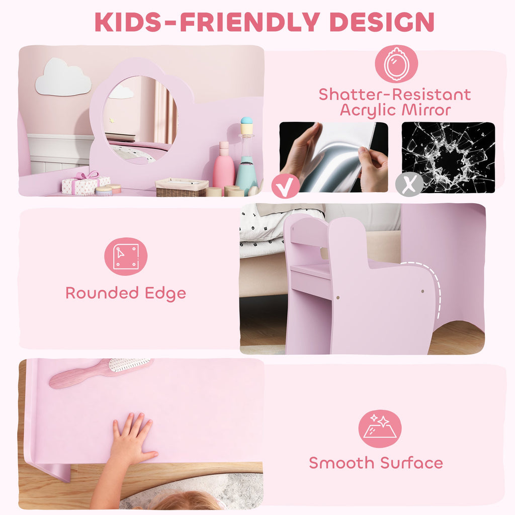 AIYAPLAY Kids Dressing Table with Mirror, Stool, Kids Vanity Table with Shelves, for Ages 3-8 Years, Purple