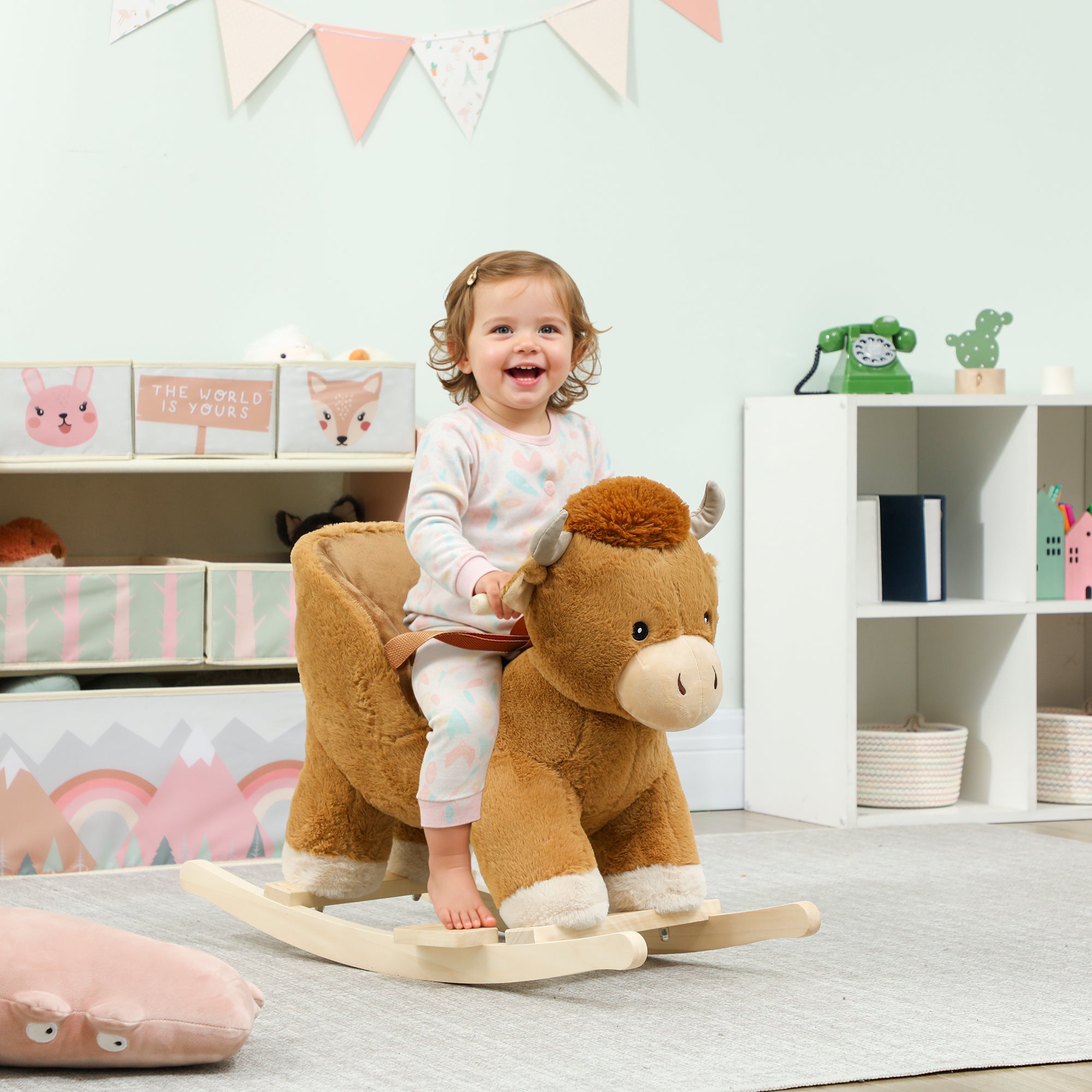 AIYAPLAY Baby Rocking Horse with Safety Belt, Wood Base, Animal Rocker for Children, Brown