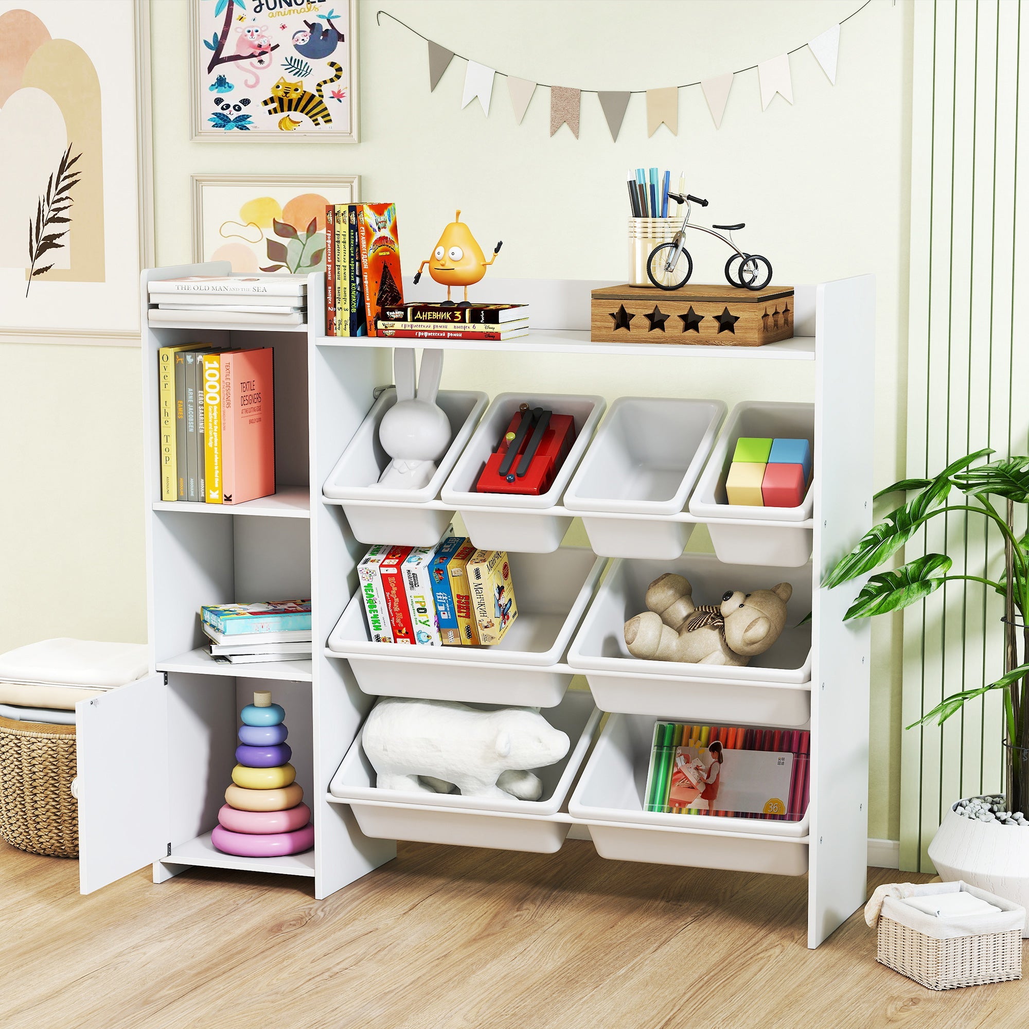 AIYAPLAY Toy Storage Unit with 8 Removable Bins, Storage Shelves, Cabinet, White
