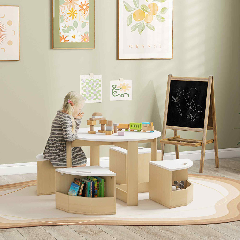 AIYAPLAY Five-Piece Kids Table and Chairs Set with Storage, for Ages 3-8 Years, White