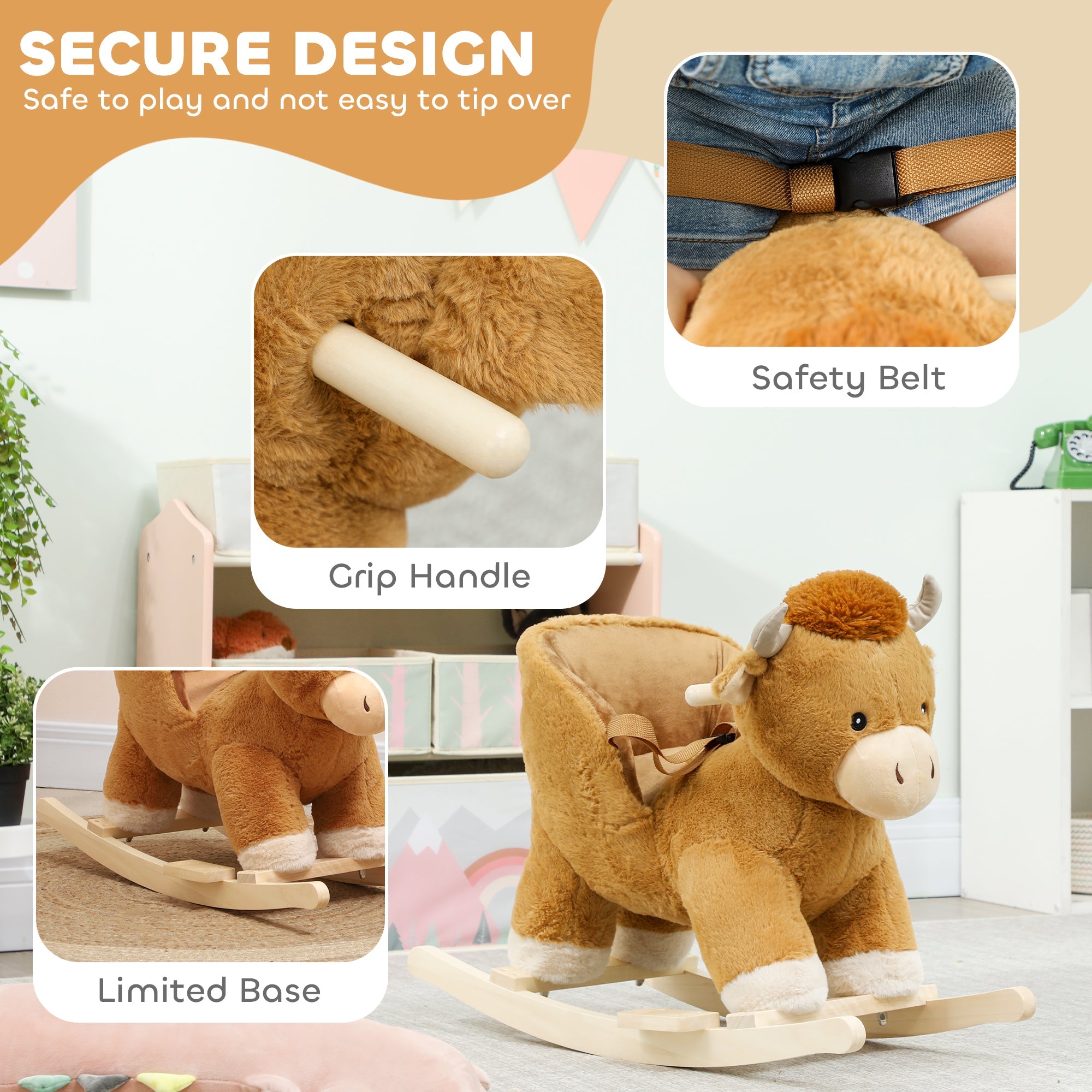 AIYAPLAY Baby Rocking Horse with Safety Belt, Wood Base, Animal Rocker for Children, Brown
