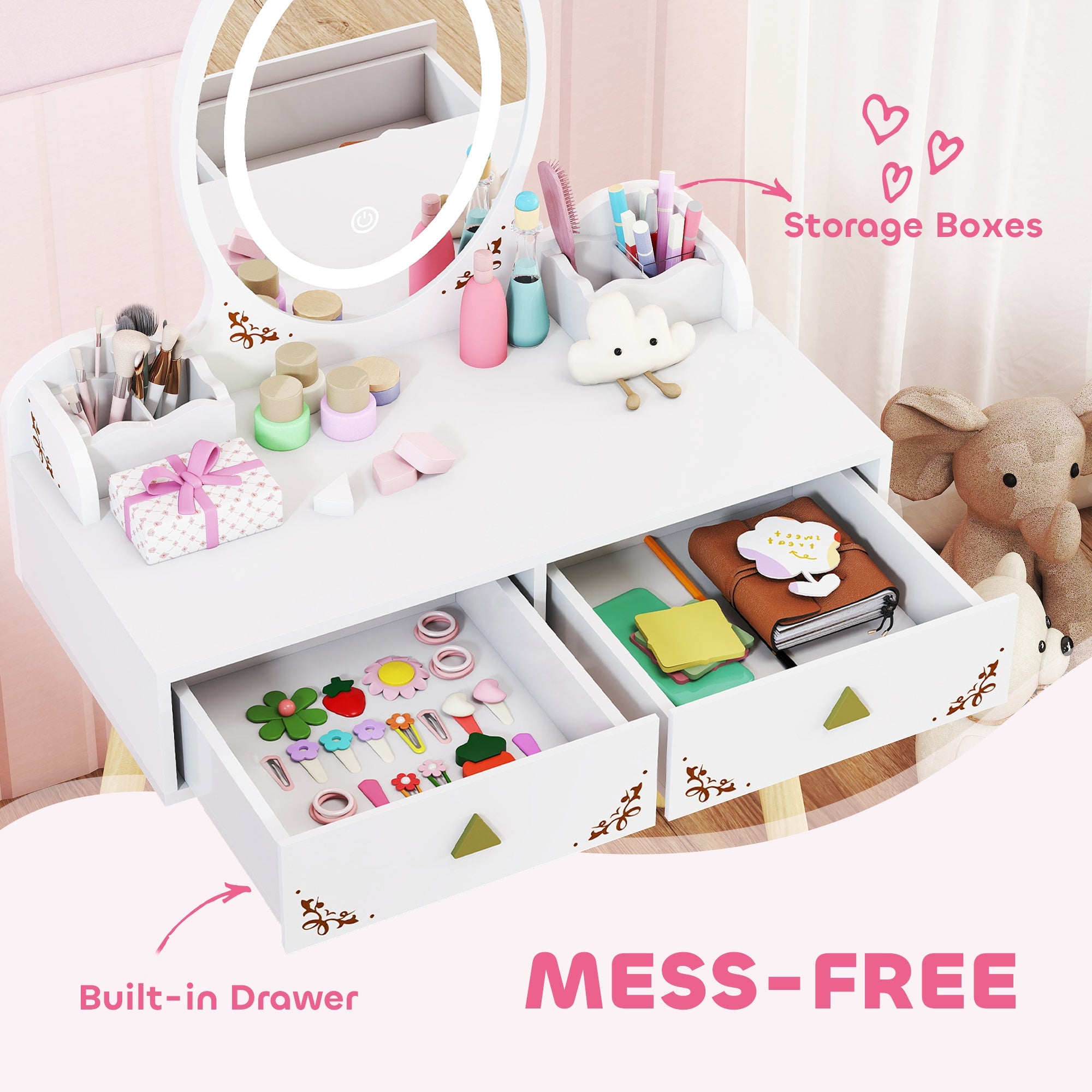 AIYAPLAY Kids Vanity Table and Chair Set with 3-Colour LED Lights Mirror, Drawer, Storage Boxes, for 3+ Years, White