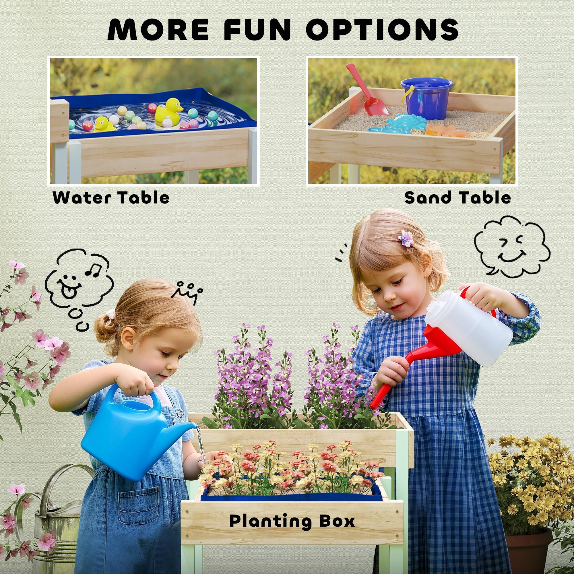 AIYAPLAY 2 PCS Wooden Outdoor Sand and Water Play Tables with Bottom Liner for Kids Aged 3-8 Years Old, Natural Wood Finish