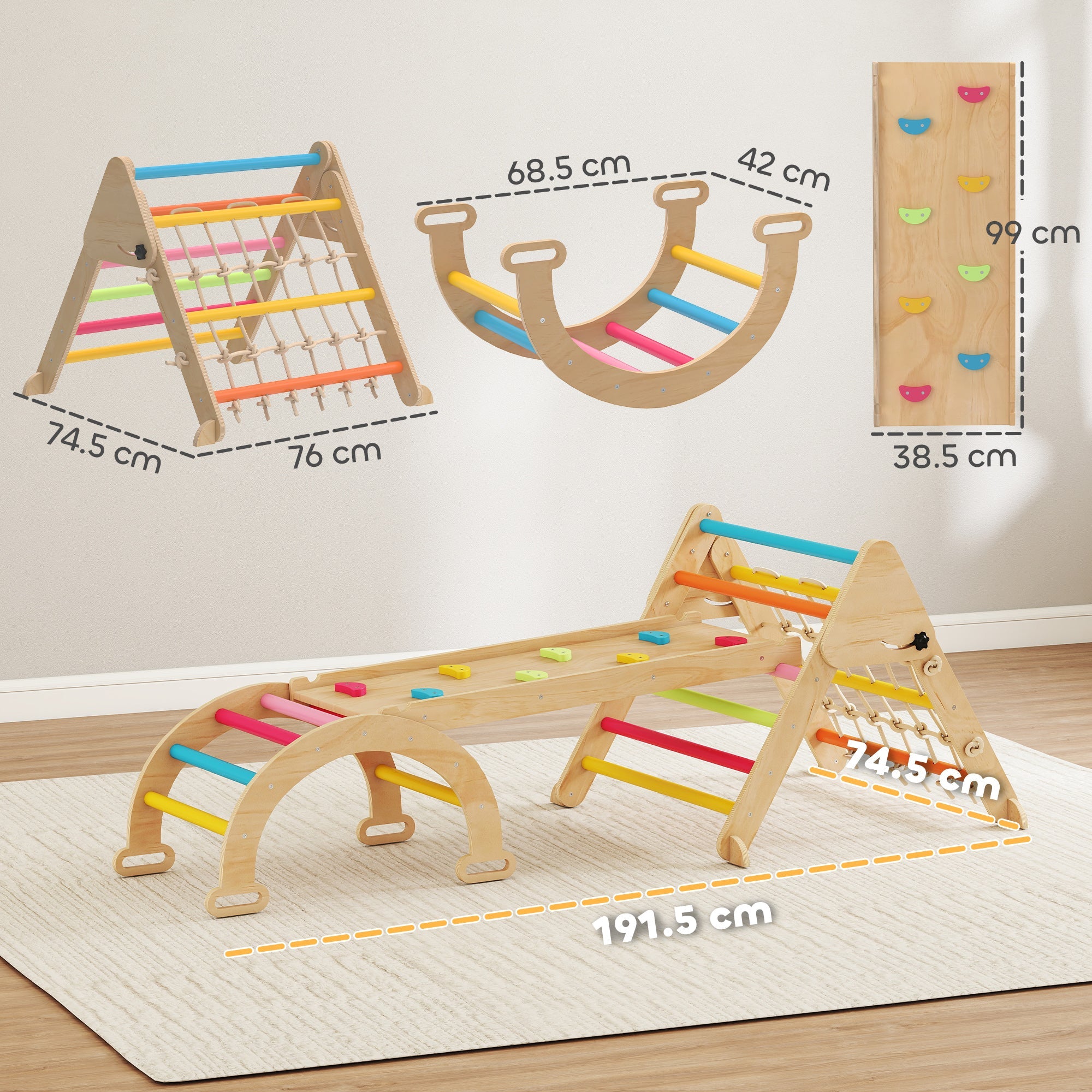 AIYAPLAY 8-in-1 Toddler Climbing Frame, Indoor Play Triangle Set with Slide, Arch and Triangle Ladder, Multicolour