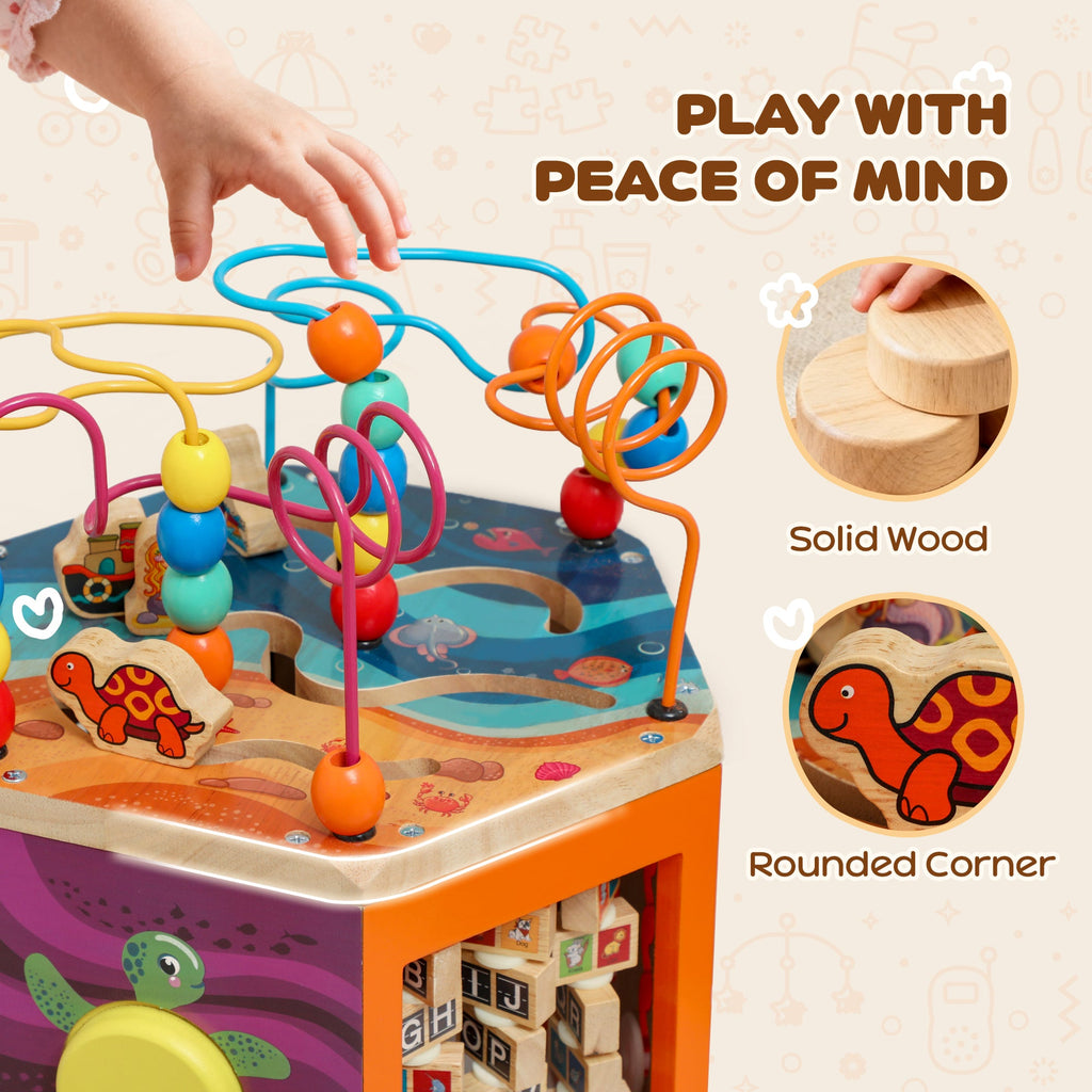 AIYAPLAY Wooden Activity Cube, Baby Toys with Bead Maze, Pattern Sorter for Toddlers Boys and Girls 18+ Months