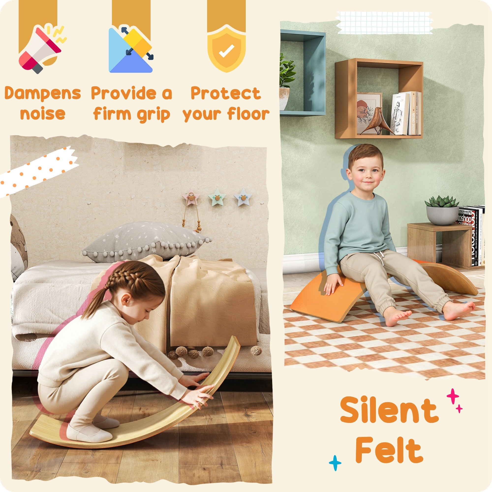 AIYAPLAY Wooden Balance Board for Kids, Wobble Board with Silent Felt for Sensory Play, Orange